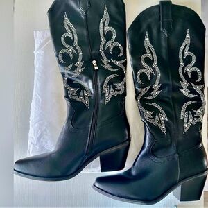 Black Rhinestone Knee-High Western Boots | Festival Cowgirl | Size 9 | New